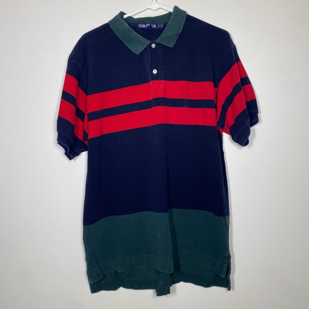 Vintage Nautica Polo Shirt Mens L Navy Red Green Colorblock Striped Cotton Prep - Picture 2 of 6